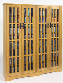 Double-Wide, Tall Mission Media Cabinet, Solid Oak Veneer, Glass Doors