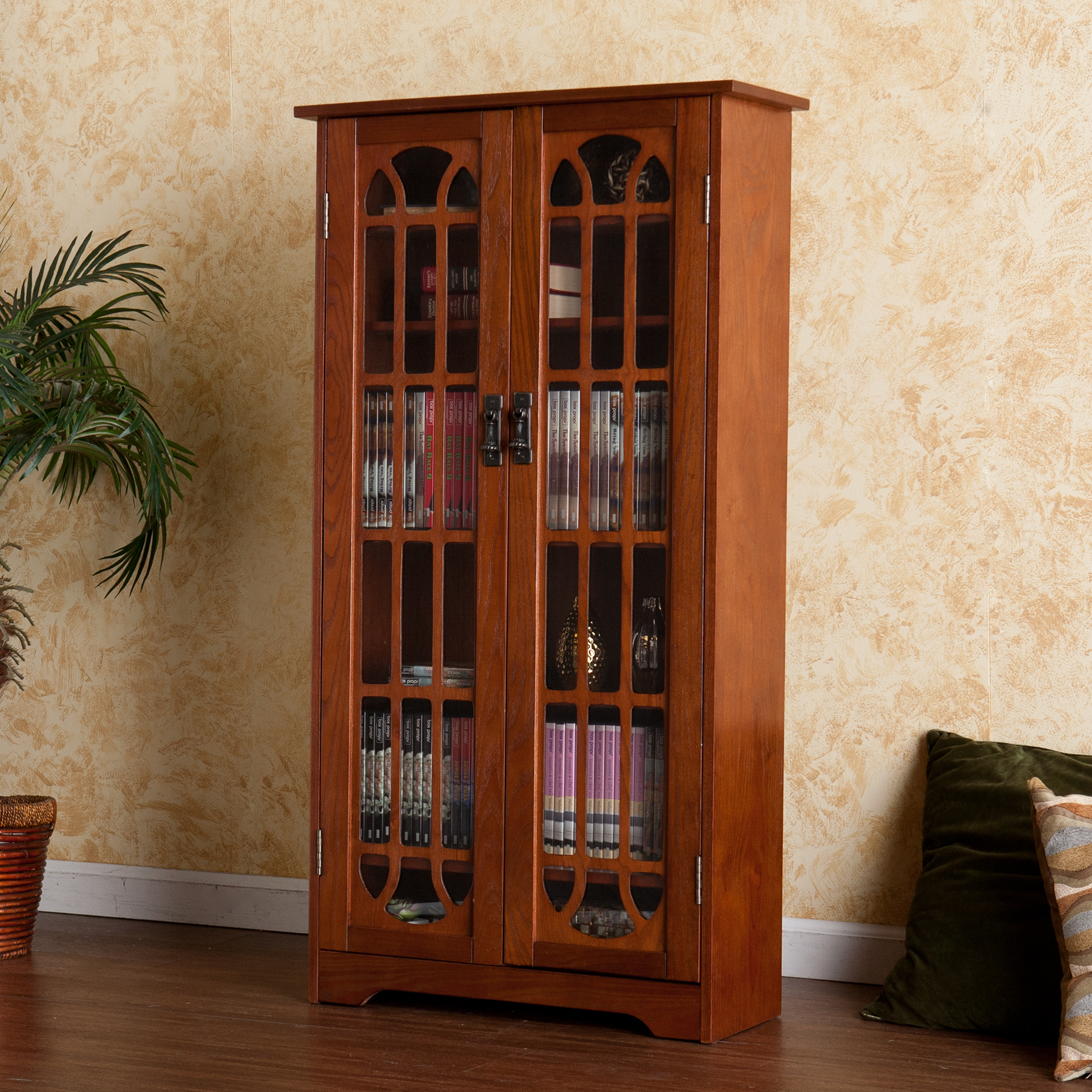 Window-Pane Double Door Media Cabinet (Oak)